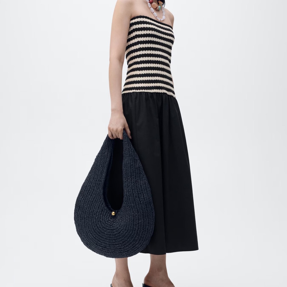 Striped Black and Cream Strapless Dress